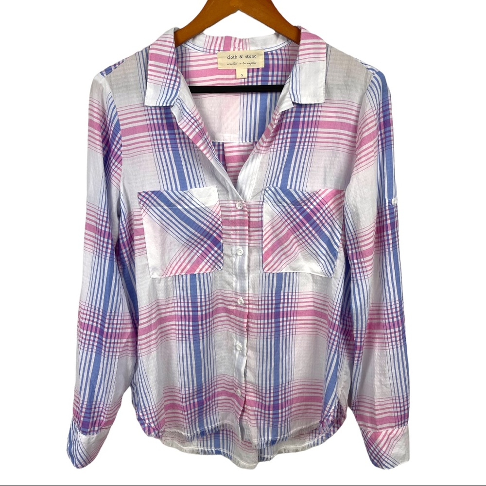 ❗️Cloth & Stone Top Shirt Button Down Small Pink Blue Long Sleeve Frayed Hem